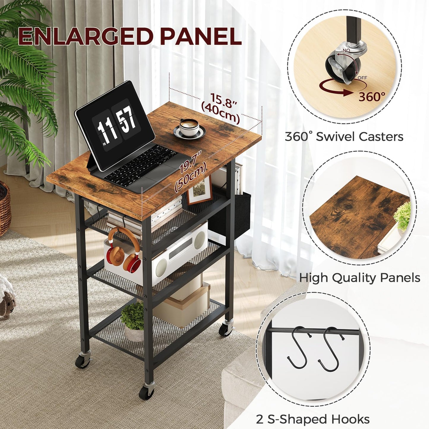 MAHANCRIS 4-Tier Printer Stand, Rolling Printer Table on Wheels, Industrial Storage Stand with Side Pocket, Wooden Tabletop