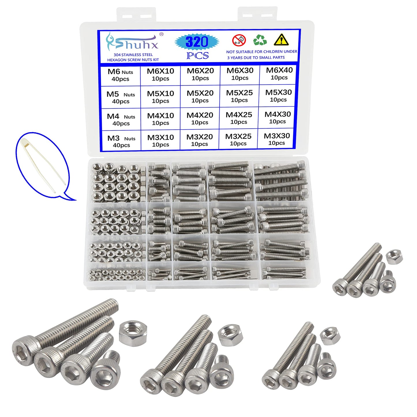 Rshuhx M3 M4 M5 M6 Nuts and Bolts Hexagon Socket Head Cap Screws 304 Stainless Steel Mechanical Hex Socket Screws Assortment Kit 320PCS with Storage