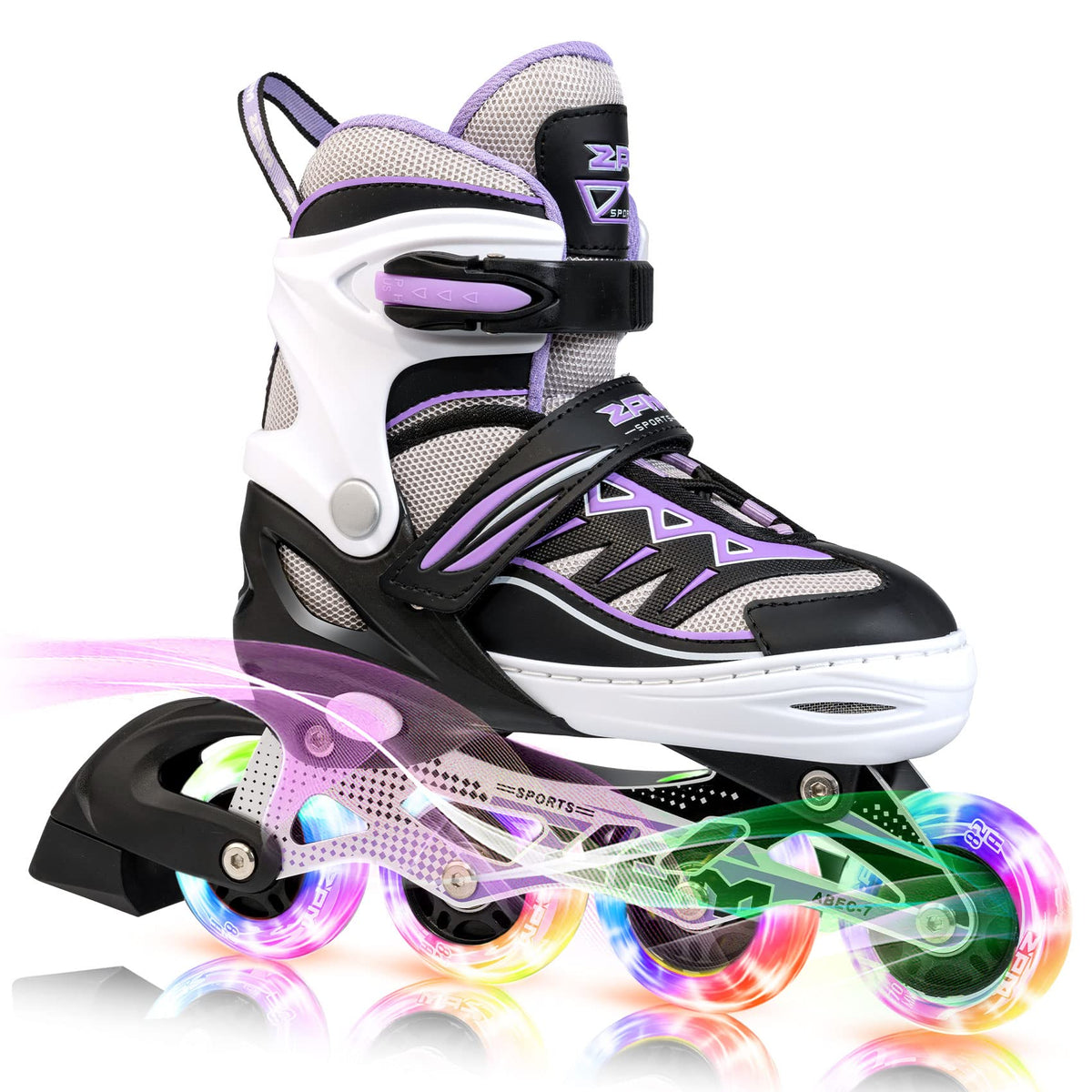 2pm Sports Adjustable Light up Inline Skates, Stylish Design Beginner Roller Skates for Boys and Girls - Purple Large