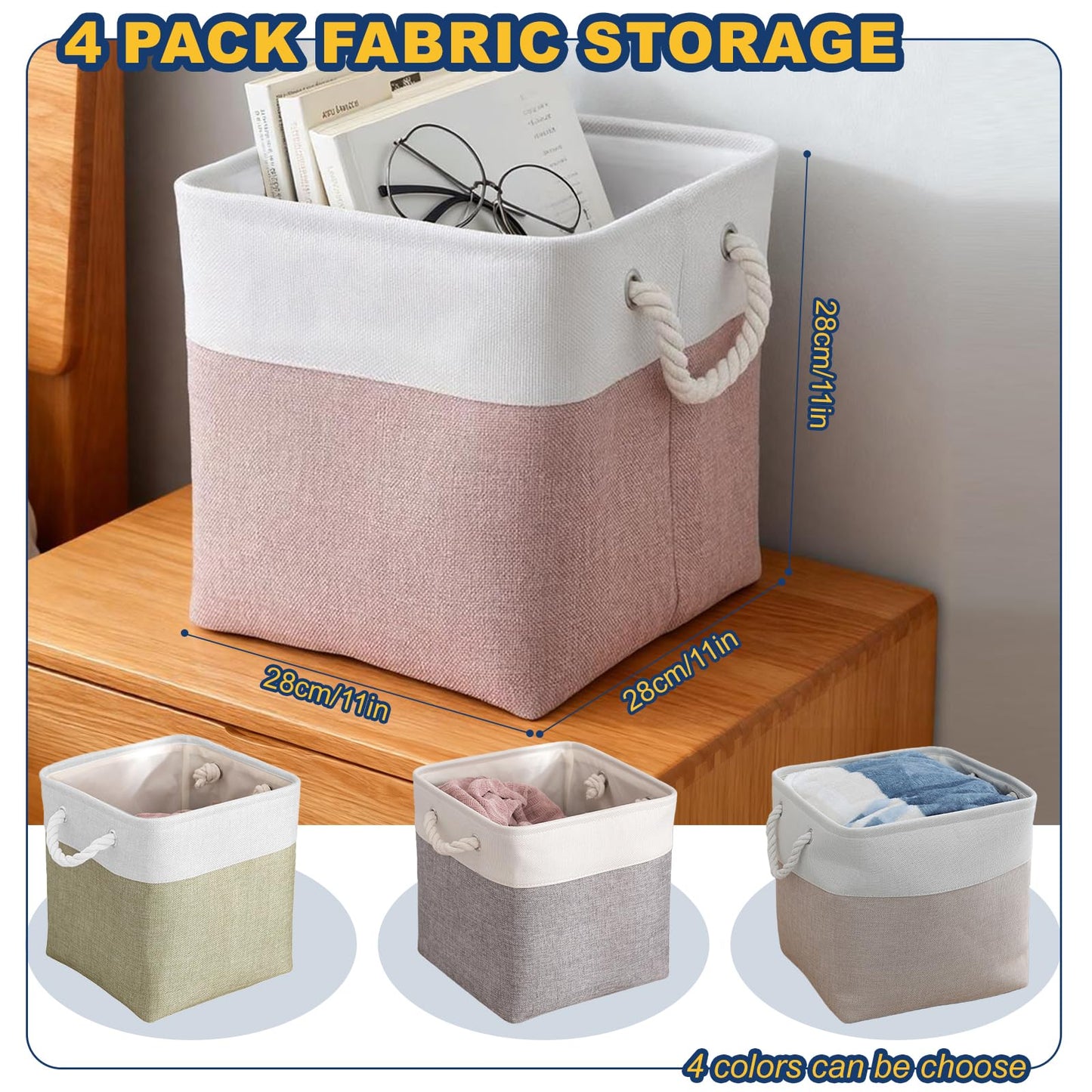 Fabric Storage Box [4-Pack], Foldable Storage Baskets for Organizing Toys, Books, Shelves, Closet, Large Storage Box with Rope Handles