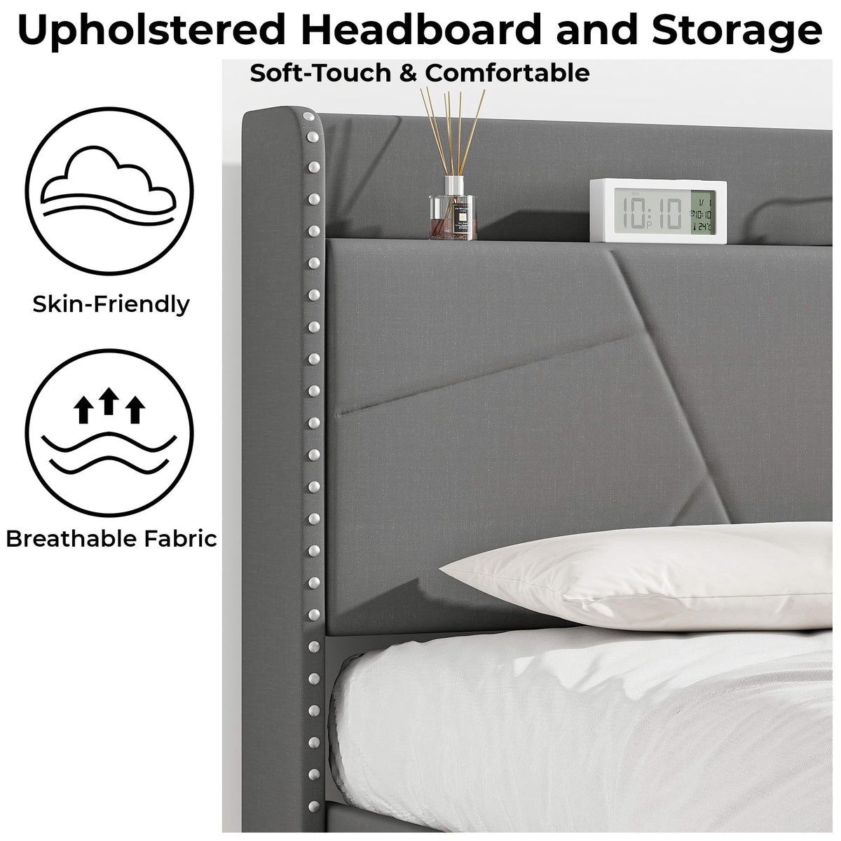 IRONCK 4ft6 Double Bed Frame with Charging Station, Bed Frame Double with Upholstered Storage Headboard, Sturdy Wooden Slat Support