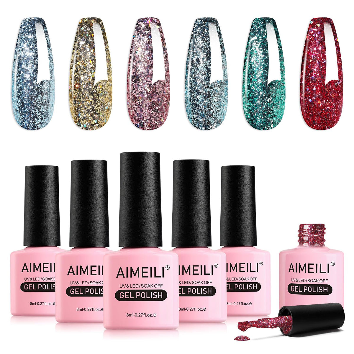 AIMEILI 6 Colors Christmas Glitter Gel Nail Polish Shiny Chunky Glitter Gel Polish Soak Off U V Nail Gel Sparkly Gel Nail Art Manicure Varnish Set 8ml
