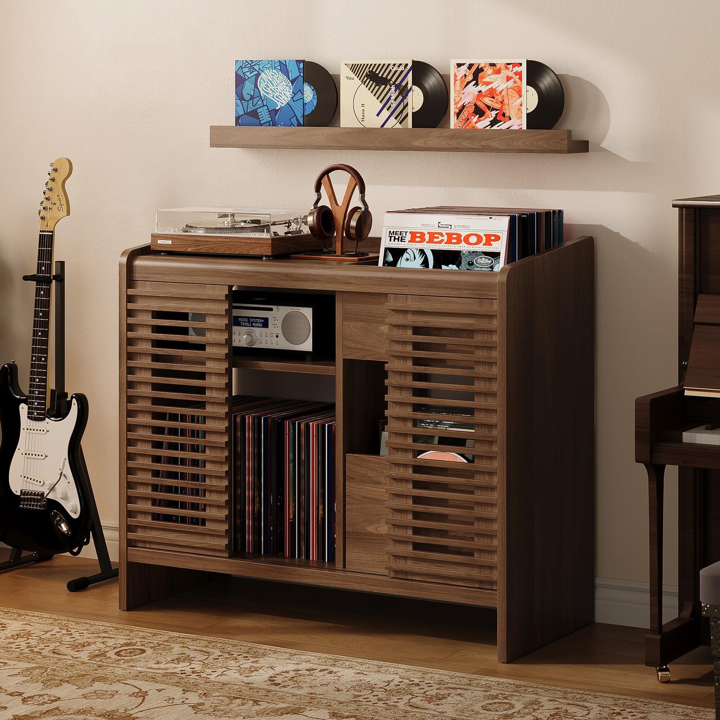 IRONCK Vinyl Record Player Stand with Wall Mount, Vinyl Record Storage Stand with Charging Station
