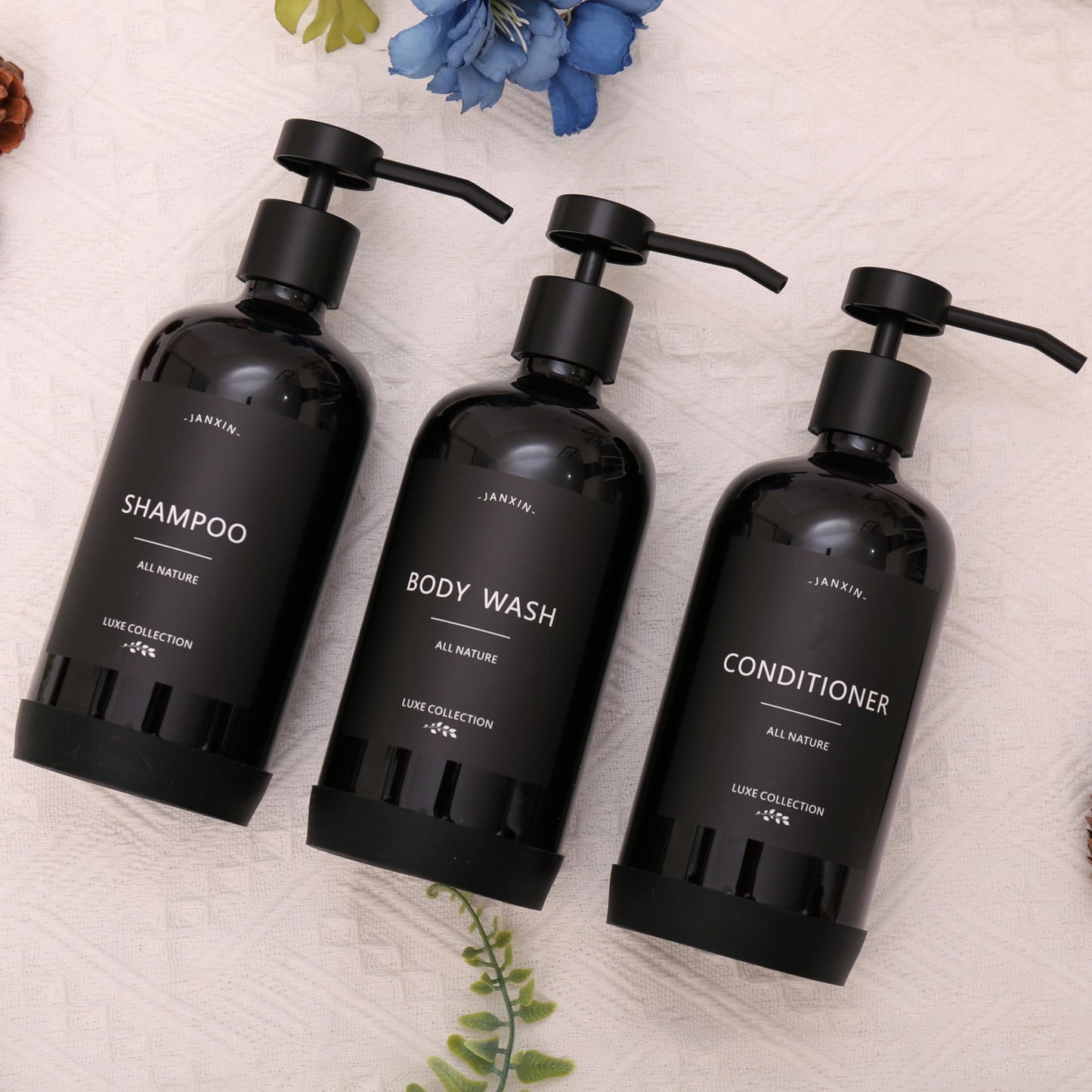 Janxin Shampoo and Conditioner Dispenser Set of 3,Refillable 21oz Shampoo Bottles with Non-Slip Protective Silicone Pad,Shower Soap Dispenser with