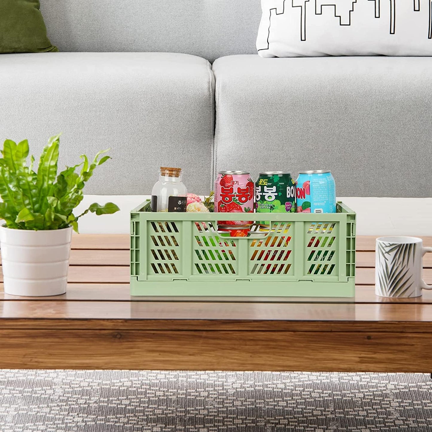 Bossjoy 4 Pack Plastic Storage Crates Foldable Shelf Storage Basket Bins for Food Fruit Vegetables Snacks Toys Toiletries