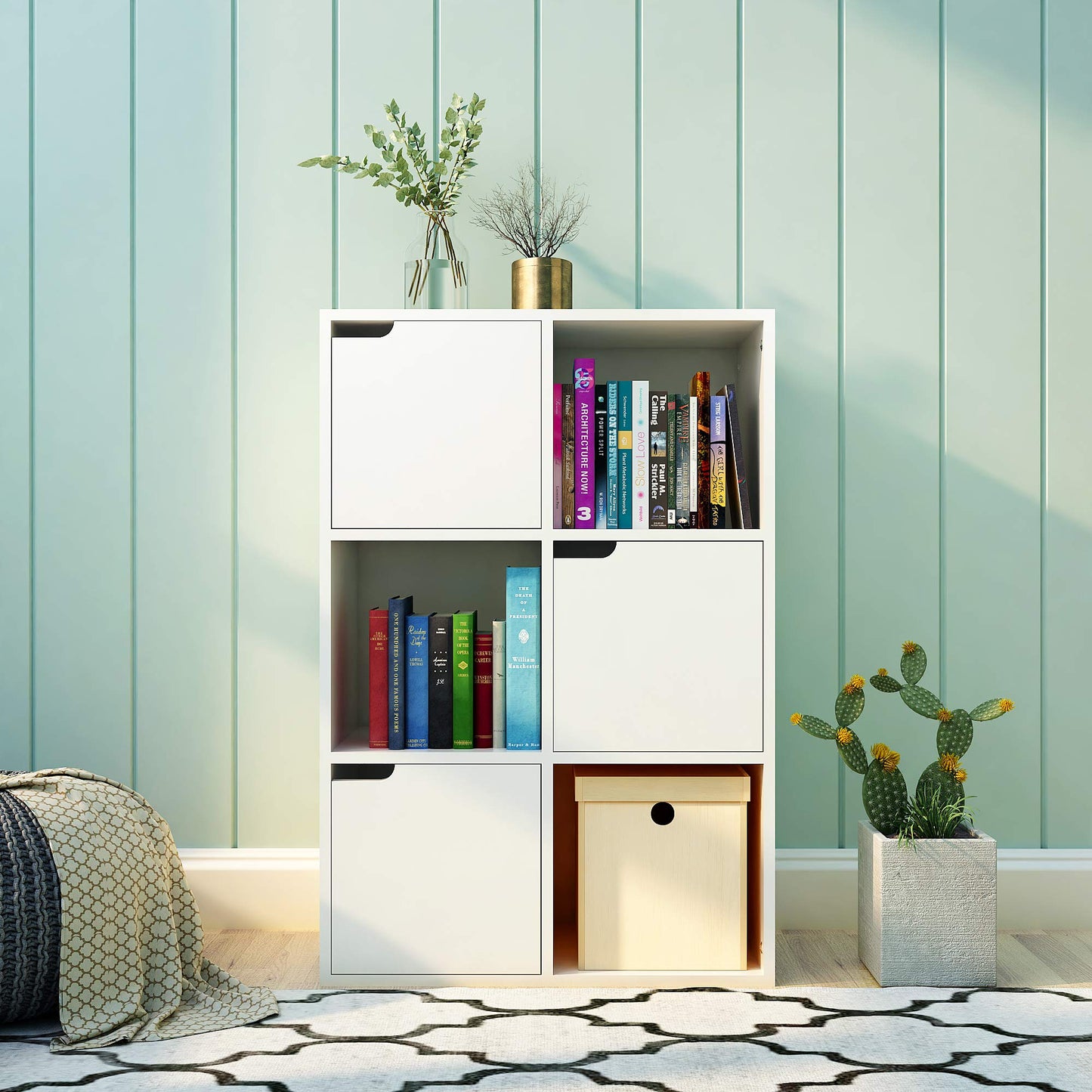 Mondeer Bookcase White, 6 Cube Storage Unit, 3-Tier Bookshelf with Doors, Wooden Shelf Organiser Display Cabinet for Living Room, Bedroom