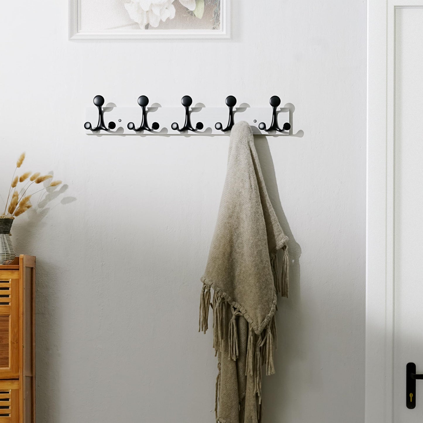 SKOLOO 61cm White Wood Coat Rack Wall Mount with 5 Triple Hooks - Ideal for Family Entrances, Classrooms, and Pet Supplies Storage