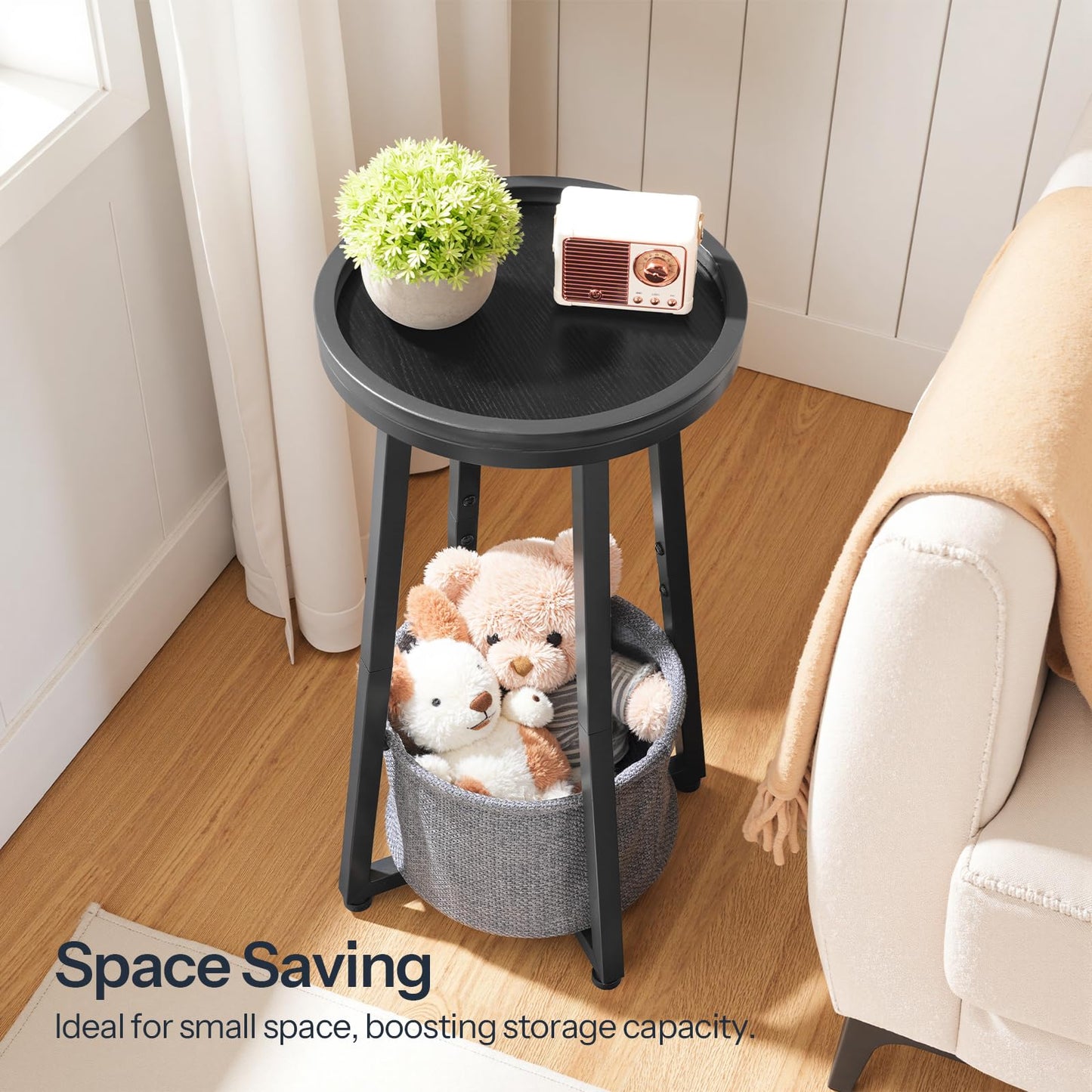 HOOBRO Round Side Table, 2 Tier Sofa Side Table Small Table with Storage Basket, Round Bedside Table, Compact Corner Tables for Small Spaces