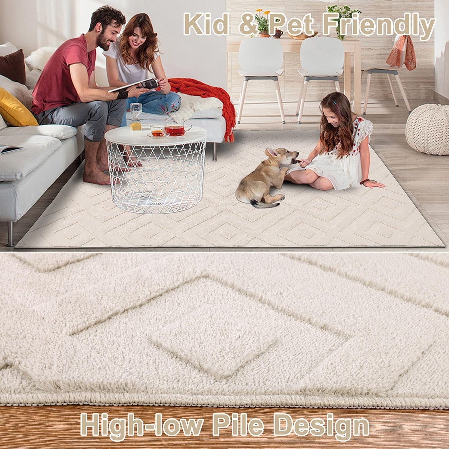 SHACOS Washable Rug Living Room 140 x 200 cm Large Rug Modern Cream Area Rug for Living Room, Bedroom, Non-Slip Ultra Soft Floor Carpet, Geometric