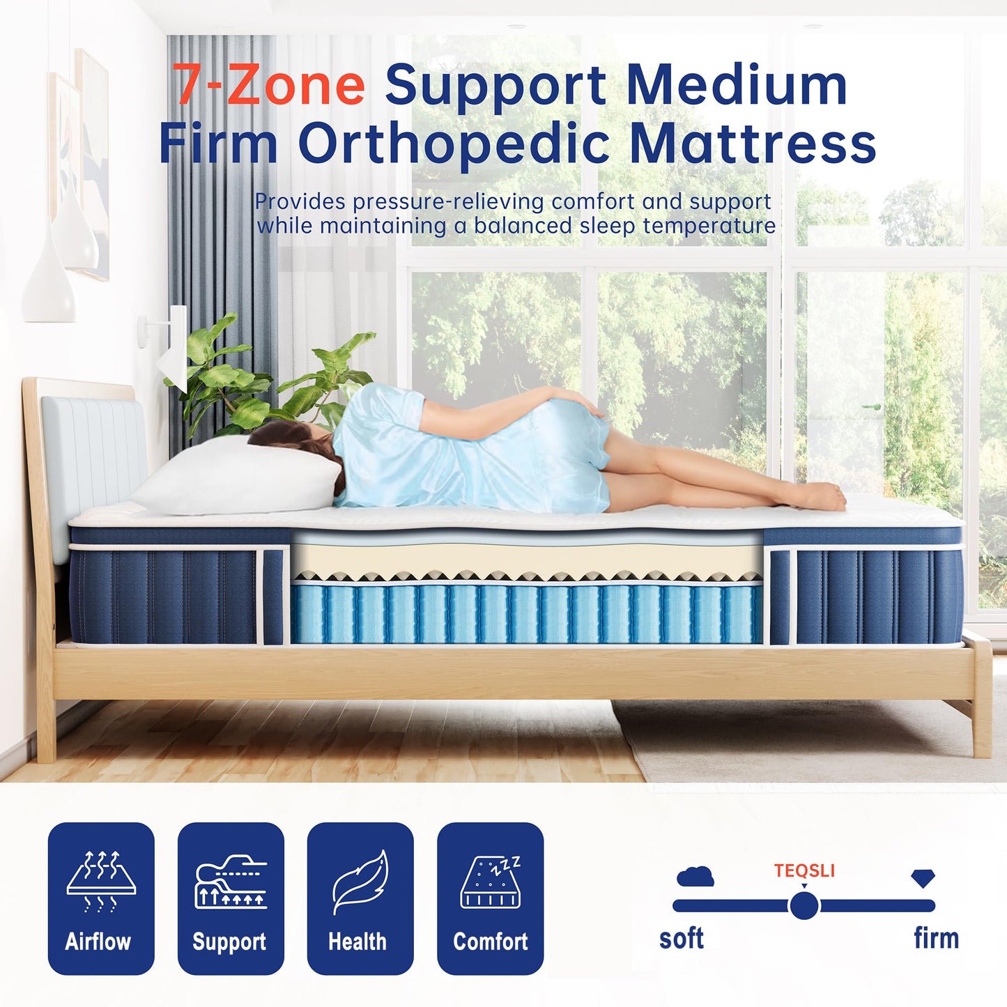 TeQsli 5ft King Mattress Memory Foam Pocket Spring Hybrid 150x190x27 cm