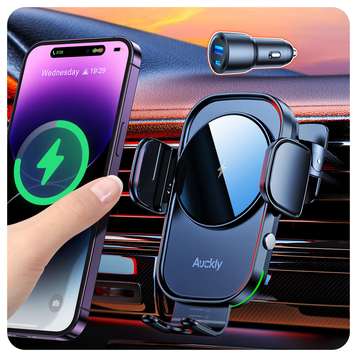 Auckly Qi 15W Car Phone Holder Wireless Charger,?+60W Cigarette Lighter?,Wireless Car Charger Air Vent Mount Compatible for S8~S25,for iPhone 12 13 14
