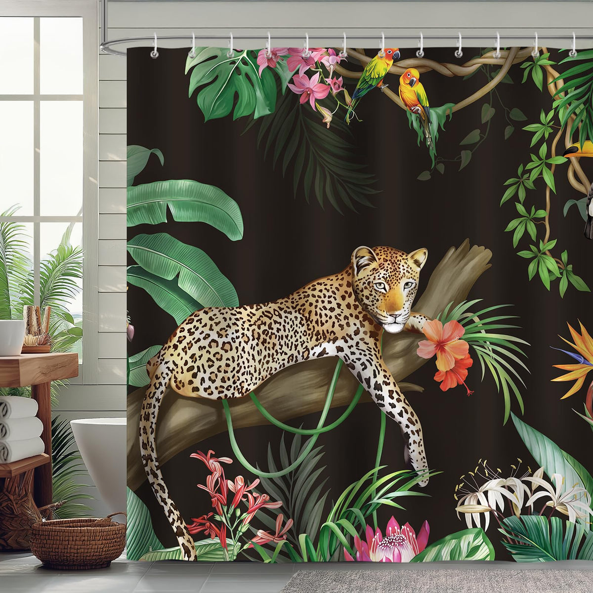Bonhause Jungle Leopard Black Shower Curtain, Tropical Plam Leaves Animal Bathroom Curtain 180 x 180 cm Waterproof Mildew and Mould Resistant