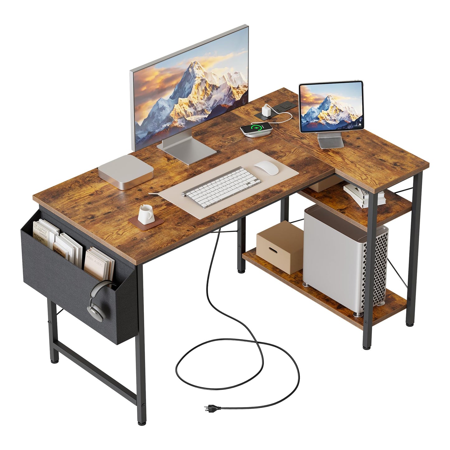 Mericonia Reversible Corner Desk, w. Power Outlets, 100x70cm, Brown
