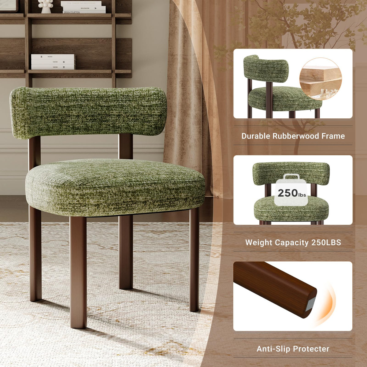 COLAMY Wooden Dining Chairs Set of 2, Fabric Chairs for Dining Room with Open Curved Backrest and Thick Seat Cushion