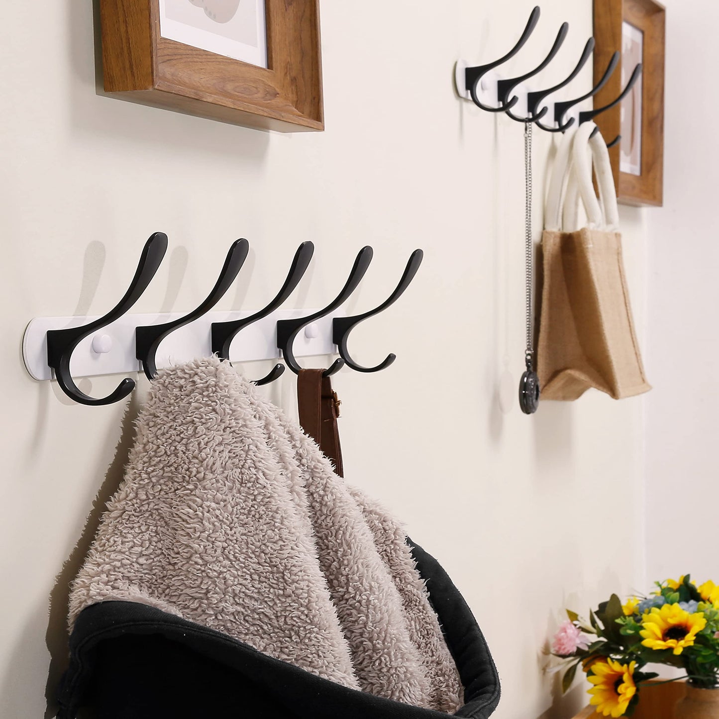 SKOLOO Coat Rack Wall Mount - Modern, Metal Wall Coat Rack with 5 Hooks, Pack of 2, Sturdy Wall Hook Rack Rail for Hanging Coat, Jacket, Clothes, Hat