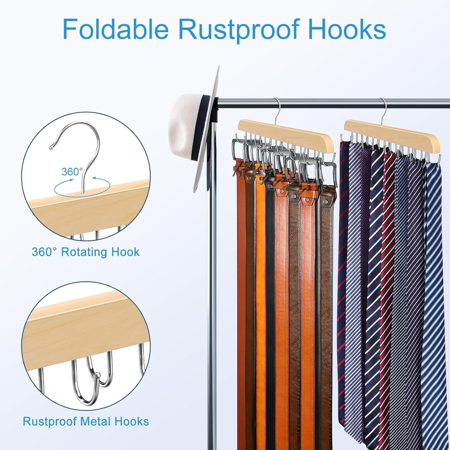 DIRXVMC Belt Hanger for Closet Max 42 Belts, Belt Organizer Closet Accessories with 14 Hooks Belt Rack Sturdy Wood for Closet Organizers and Storage