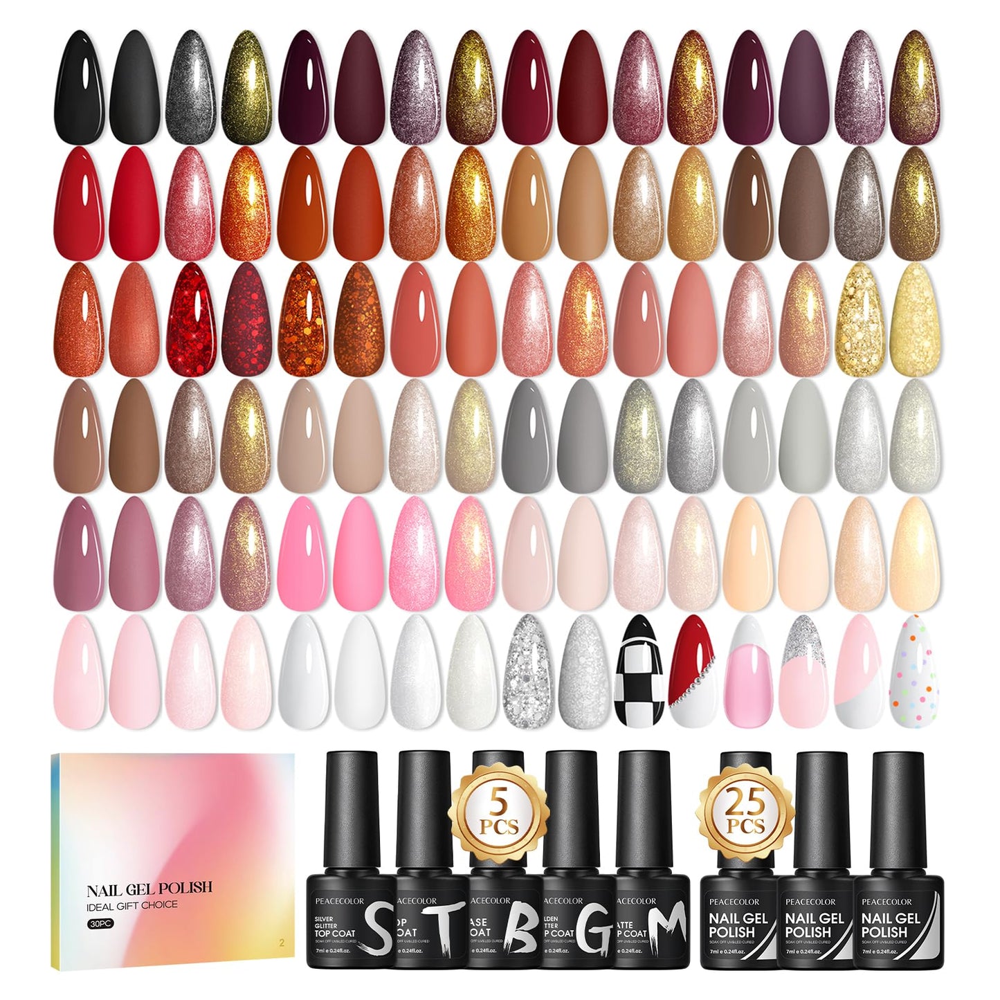 PEACECOLOR 30PCS Gel Nail Polish Set, Soak Off Gel Polish Set Black Red Brown Nail Kit with Base Coat and Glitter Matte & Glossy Top Coat Nail Art Set