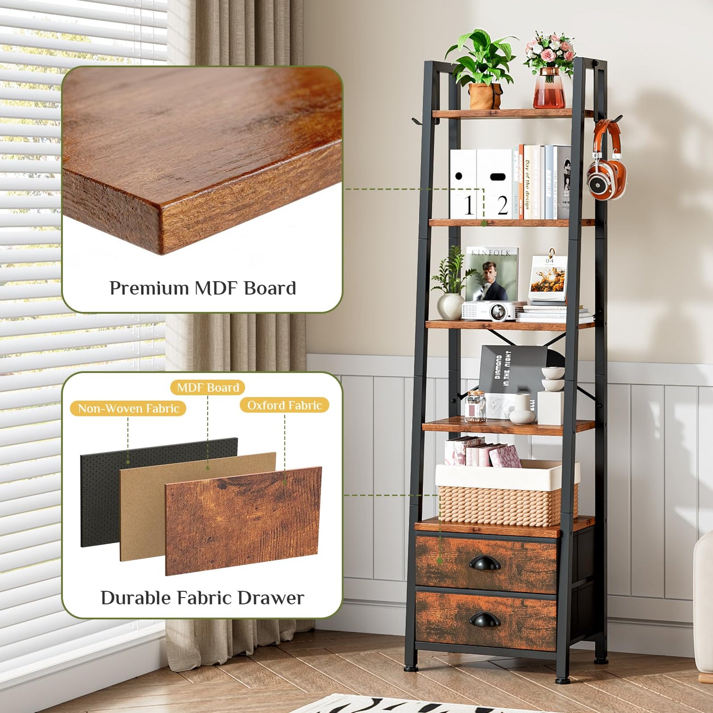Wooruy 5 Tier Narrow Bookshelf with 2 Fabric Drawers Corner Ladder Shelf