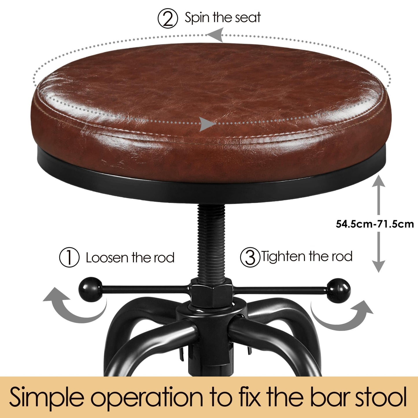 Yaheetech Rustic Round Adjustable Industrial Bar Stools, 1PCS Brown