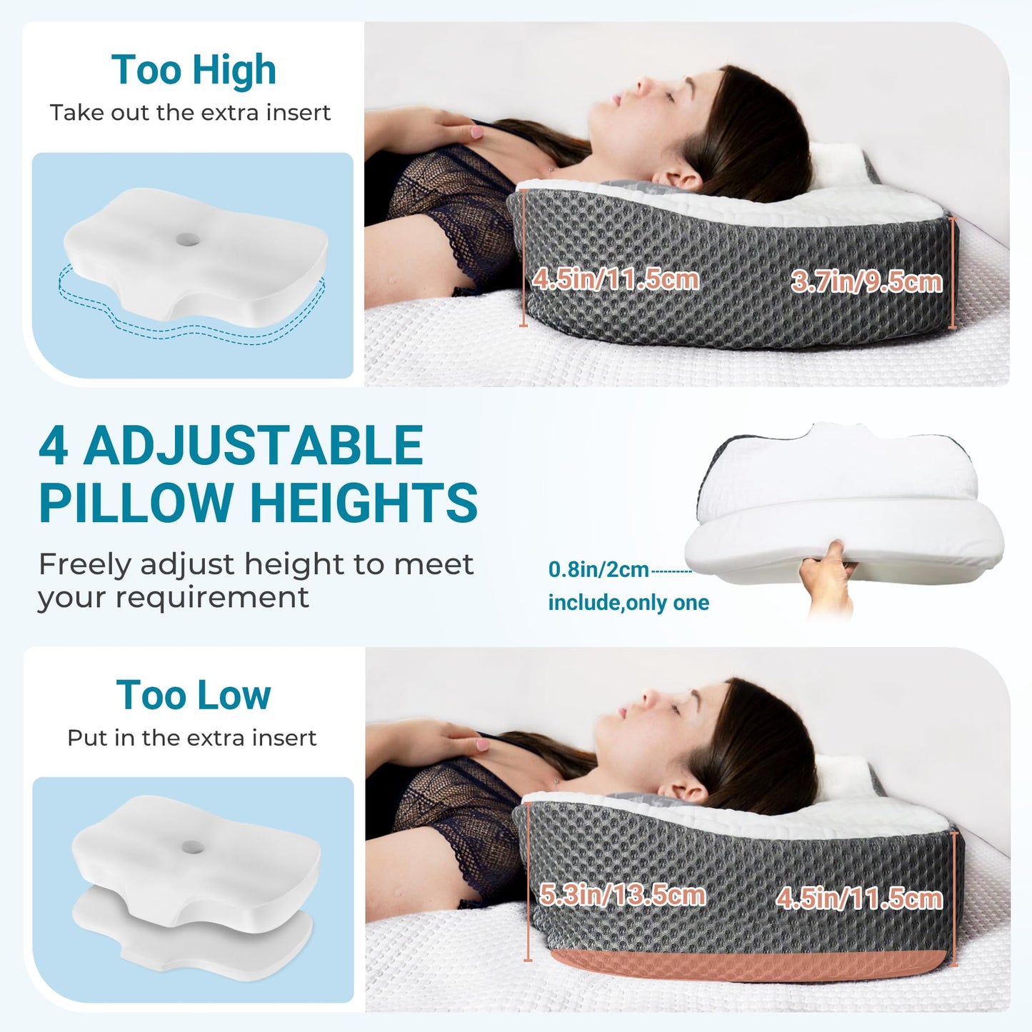 Elviros Cervical Memory Foam Neck Pillow for Side Sleeping, Orthopedic Pillows for Back and Stomach Sleepers, Adjustable Ergonomic Bed Pillow Pain