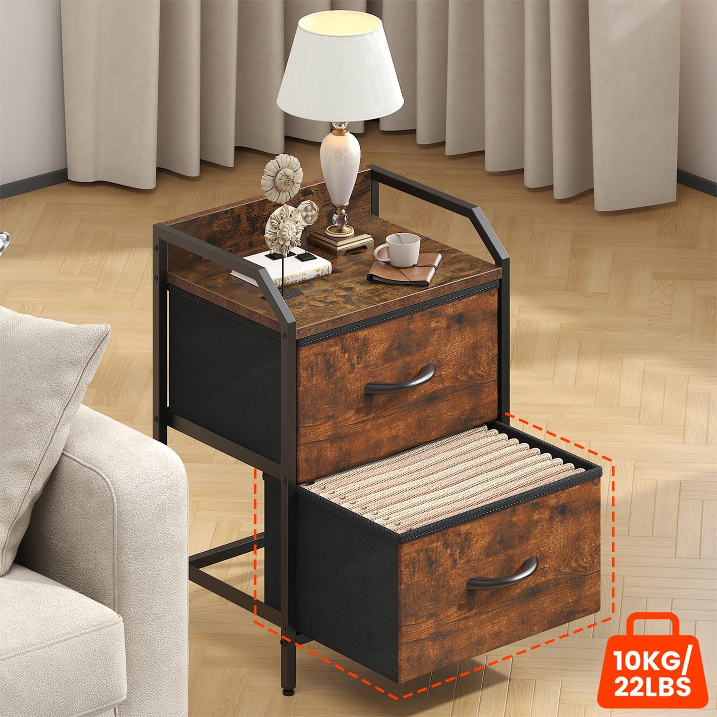 Feonase Bedside Table, Bedroom Bedside Cabinet with 2 Fabric Drawers, Nightstand Side Table for Bedrooms, Living Rooms(Rustic Brown)