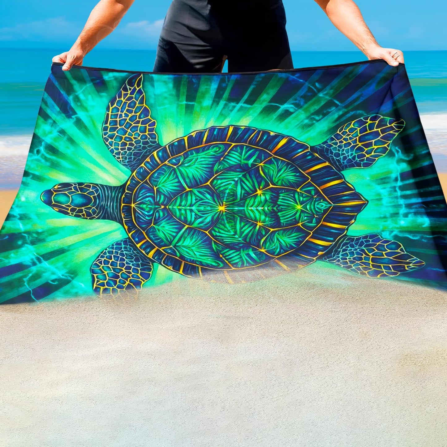 Violetpos Radiant Sea Turtle Beach Towel, Extra Large 180x90 cm 250GSM Microfibre, Sand Free Quick Dry