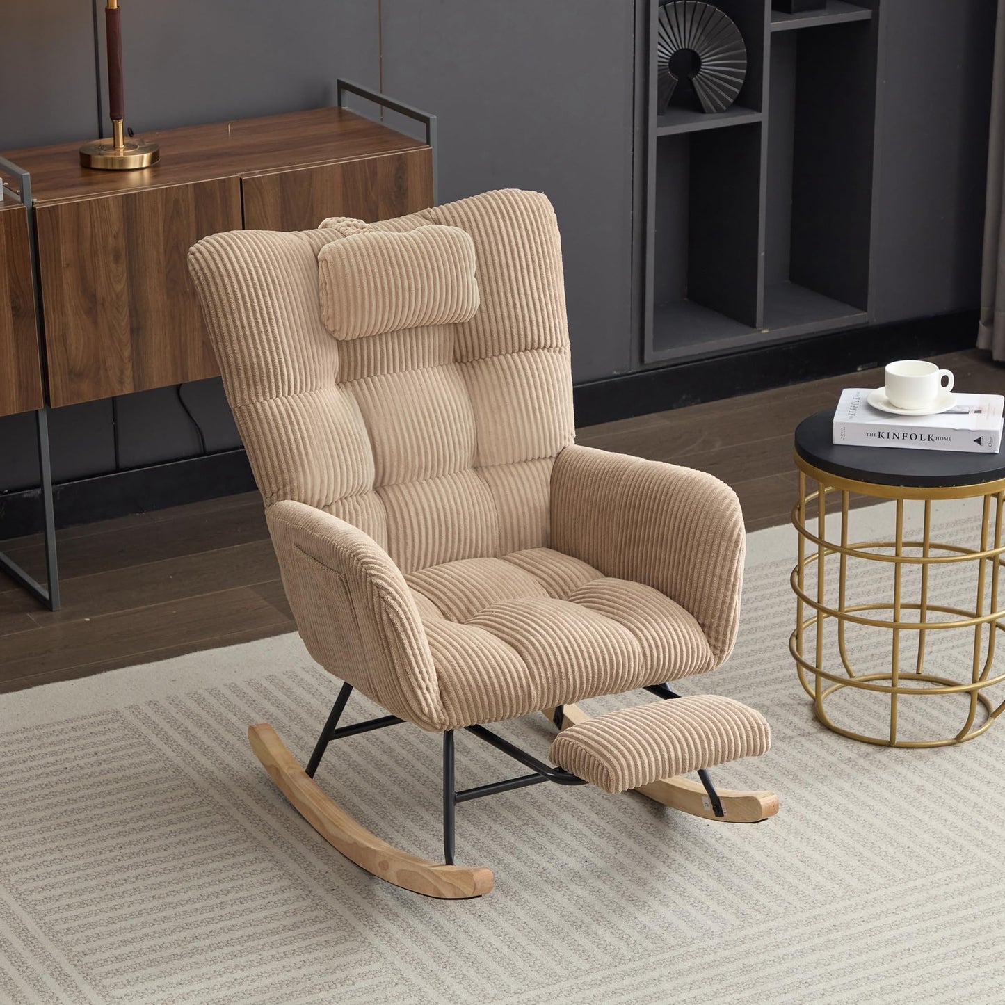 ModernLuxe Rocking Chair Fabric Lounge Armchair with Wooden Rocker Legs,Adjustable Footrest & Headrest, Side Pocket Storage, High Backrest – Brown