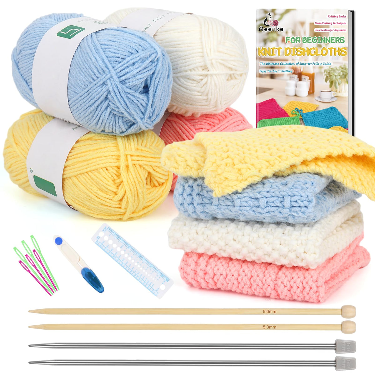 Aeelike Knitting Starter Kit for Adults - Knitting for Beginners Kit - Make Your Own Dishcloth - Knitting Kit with Yarn, Instructions, Knitting