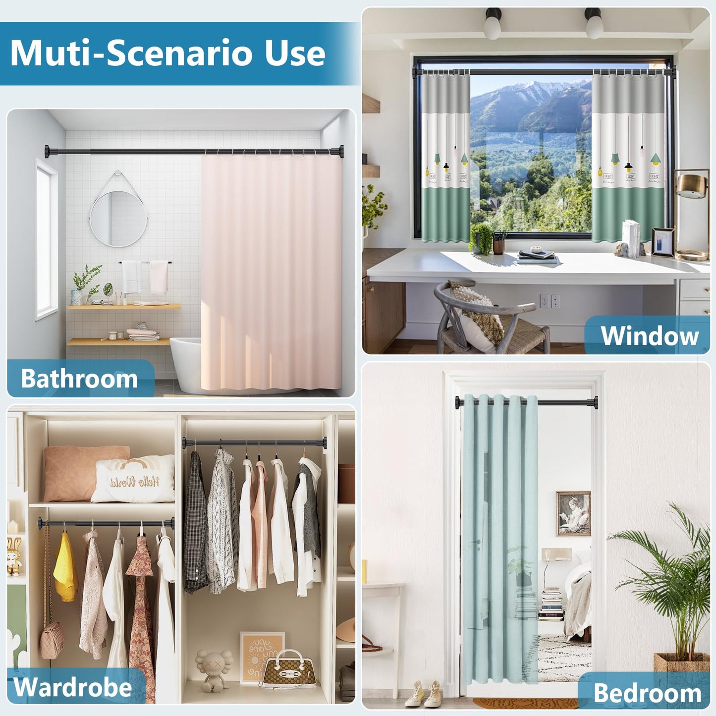 WELDUN Extendable Shower Curtain Rod, Curtain Tension Pole 48-226CM, No Drill Telescopic Curtain Pole