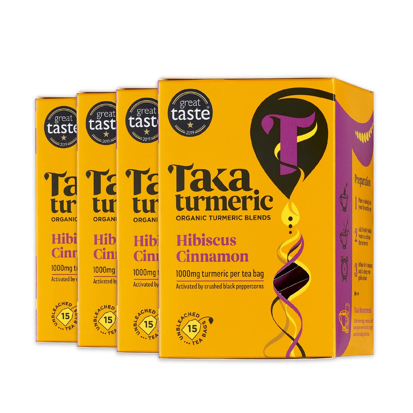 Taka Turmeric, 4 pack (60 Teabags) Organic Hibiscus & Cinnamon Tea Bags with Turmeric & Black Peppercorns, Turmeric Tea, Caffeine Free Detox Tea, No