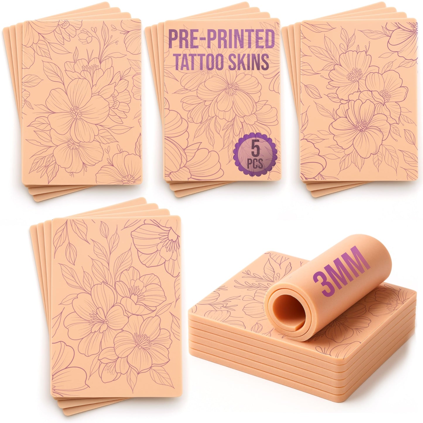 Stencil Skins Pre Printed Fake Skin Tattoo Set 5 Botanical Designs, 3mm Silicone Fake Skin Pad, Practice Shading, Line Work & Color for Tattoo Artists