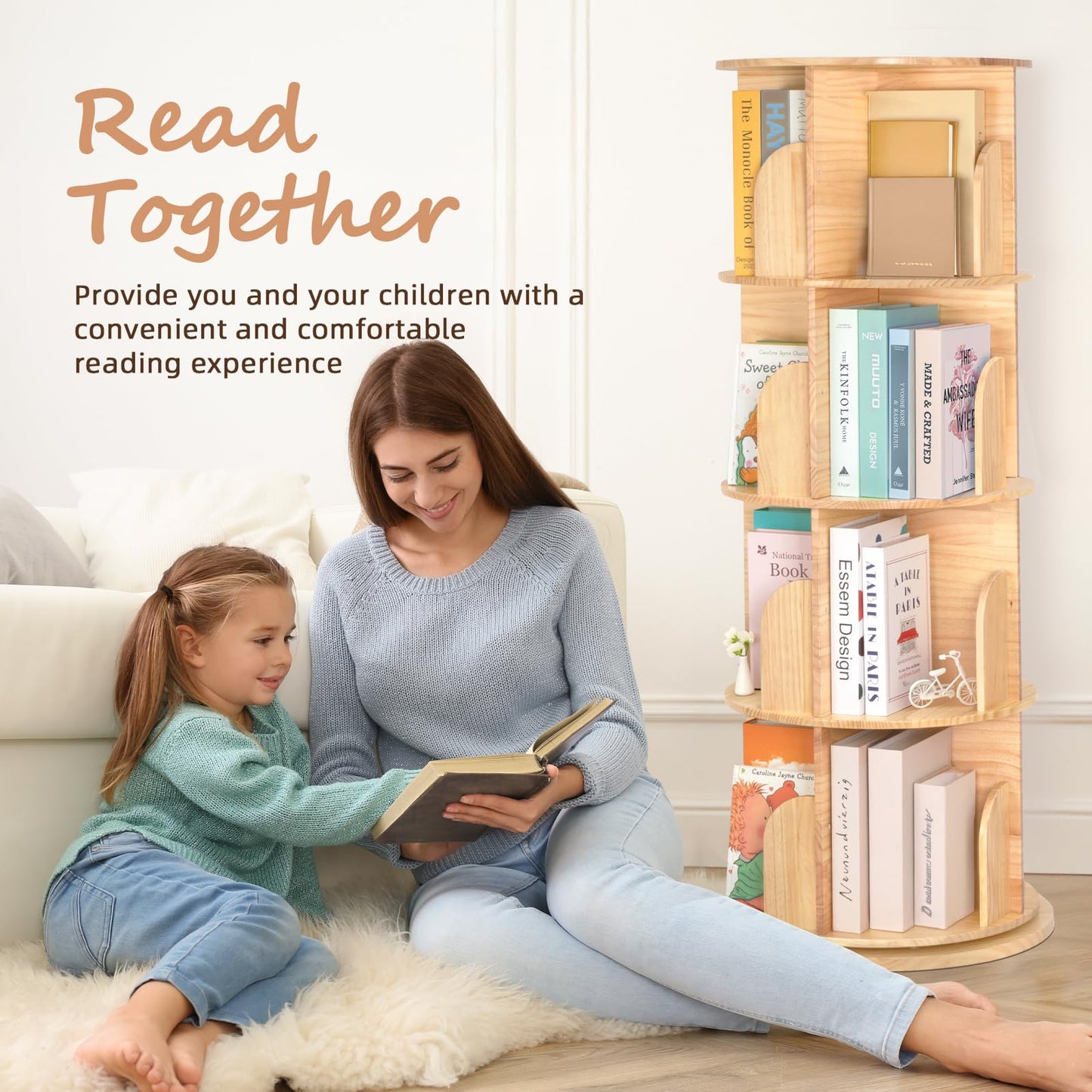 OOOK Wooden Rotating Bookshelf, 4-Tier 360° Spinning Solid Wood Revolving Bookcase, Space-Saving Floor Standing Spinning Bookshelf for Study Room