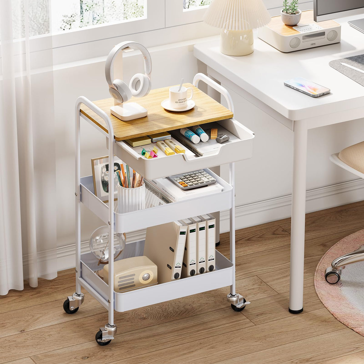 KINGRACK Rolling cart, 3-Tier Utility Storage Trolley with Wooden Board and Drawer (Natural)