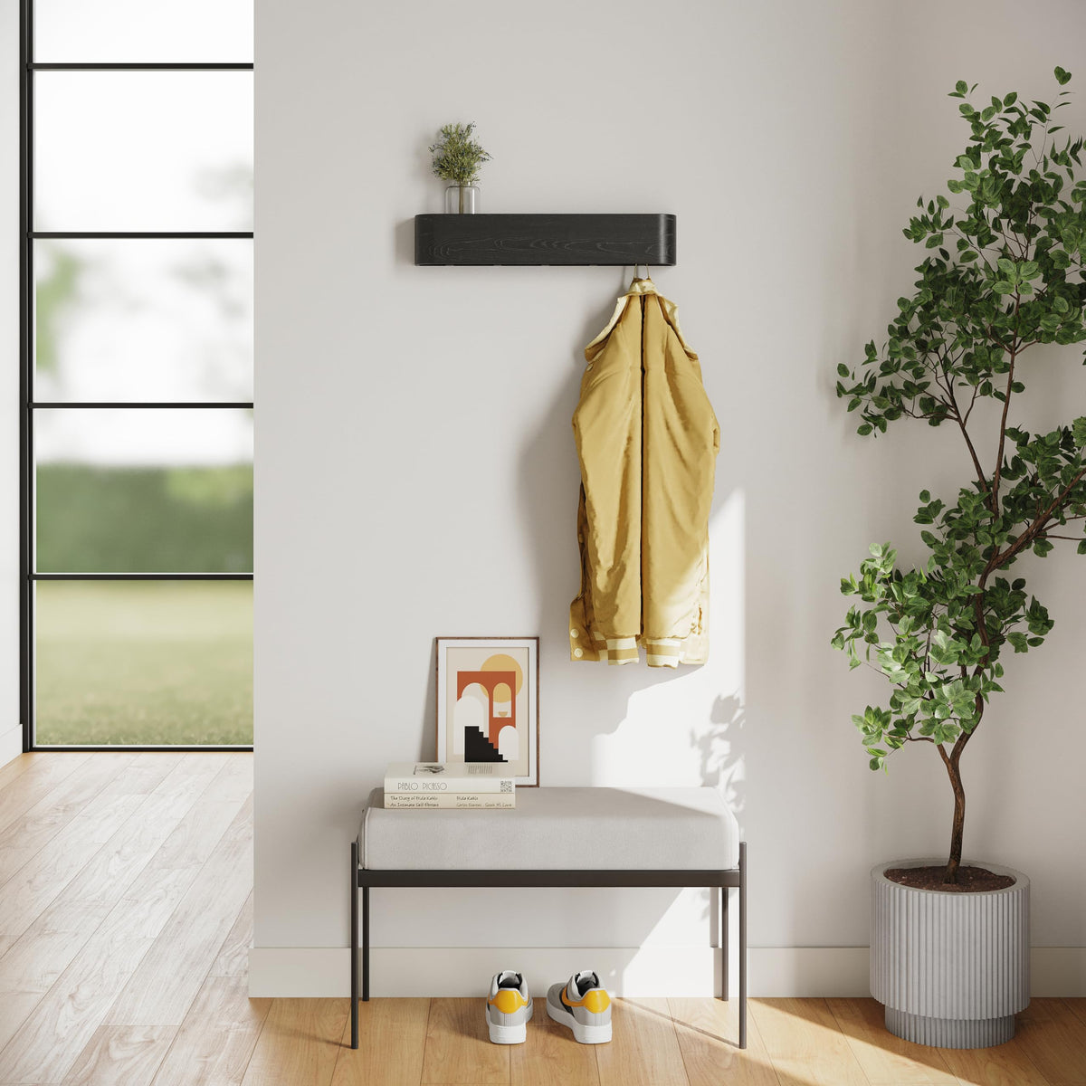 Kazai. Wall-Mounted Coat Rack 'Toke' | Modern Design Coat Rack with Hidden Wall Hooks | Solid Wood Veneer Panel Coat Hanger | Oak, Black