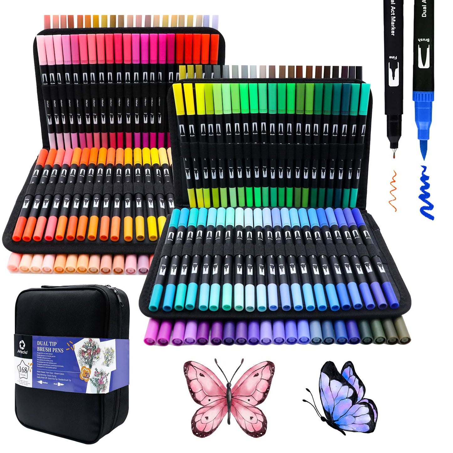 Artecho 168 Dual Tip Brush Pens?Colouring Pens brush pens for Adult?Colouring Books?Calligraphy?Drawing?Sketching, nylon tip for Artists?Beginners