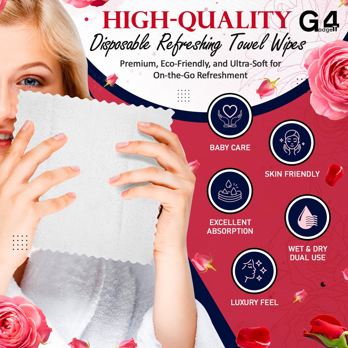 G4GADGET Luxury Disposable Refreshing Towel Wipes 6 Pack - Rose Scent | 25cm x 25cm Towels for Hands & Face | Hot & Cold Use | Ideal for Travel