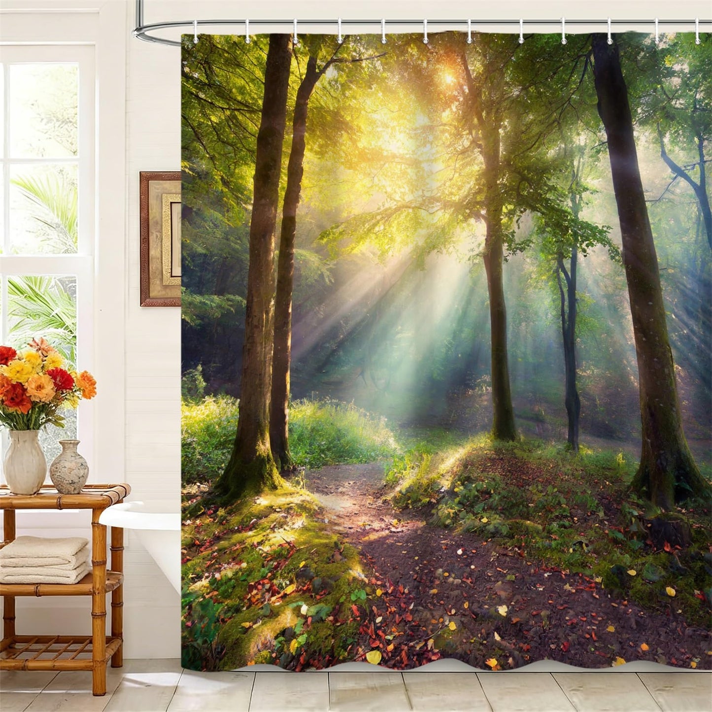 Kzzfqxb 105x160cm Shower Curtains with Plastic Hooks, Tyndall Effect Country Forest Sunshine Through Green Trees Waterproof Polyester Fabric for