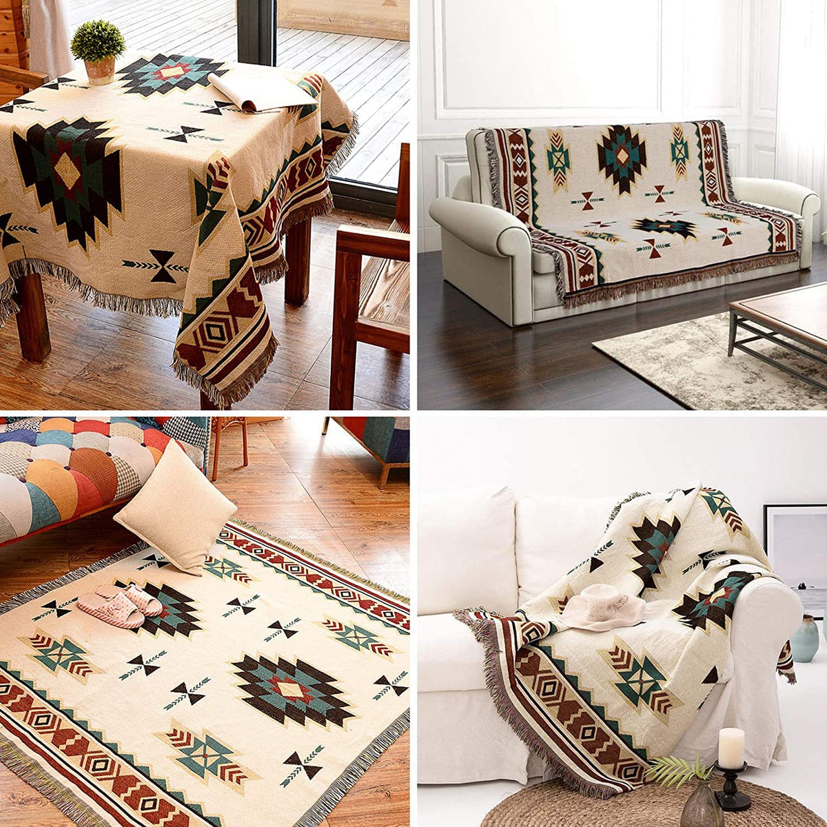 VANJOROY Aztec Sofa Large Throw Blanket with Tassels,100% Handwoven Cotton Tribal Bohemian Navajo Armchair Throw for 2 3 Seater Settees Couch and Bed.
