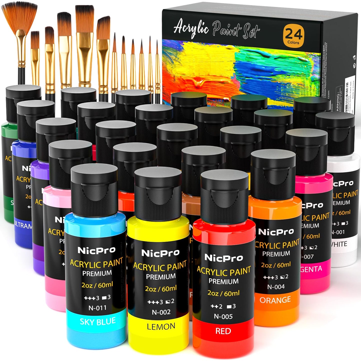 Nicpro 24 Colors Acrylic Paint Set (2 oz, 60 ml) with 12 Brushes, Non Toxic Art Supplies Kit for Rock Painting, Multi Surface Canvas Clay Wood Fabric