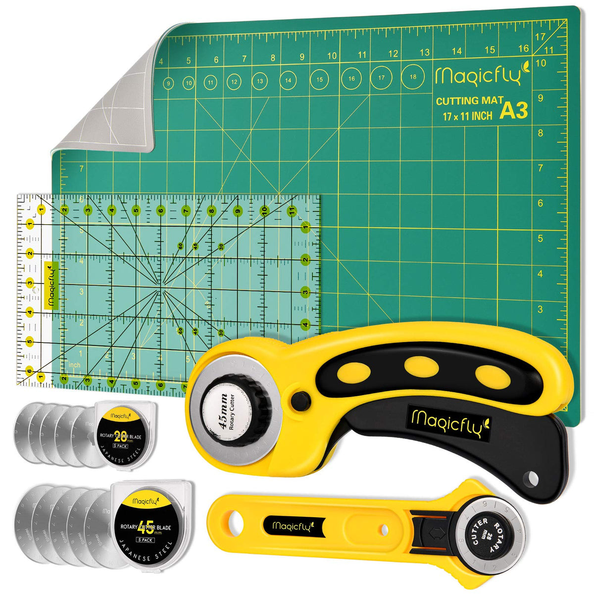 Magicfly Rotary Cutter Set, Quilting Kit Including Fabric Cutter Wheel and Mat, A3 Patchwork Ruler, Carving Knife, Replacement Cutter Blades for
