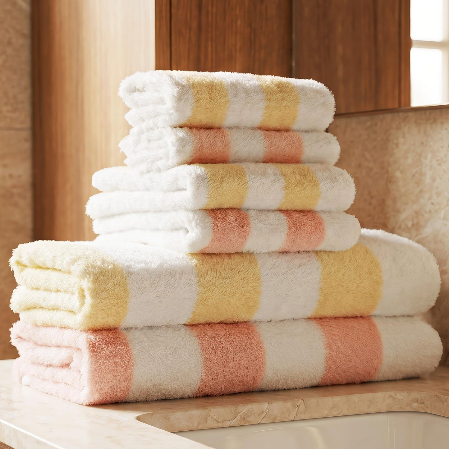 Vie TRIOMPHE Luxury Striped Bath Towel Set of 6 100% Long Staple Cotton Zero Twist Soft Lightweight Absorbent Quick Dry Pink Yellow