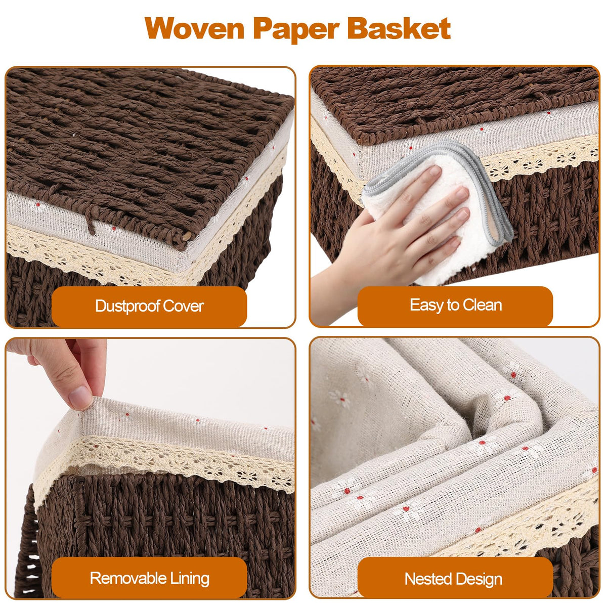 MEKOTRIN Set of 3 Storage Baskets with Lids, Paper Rope Woven Storage Baskets, Boho Decor Handmade Hamper Baskets with Removable Lining for Shelves