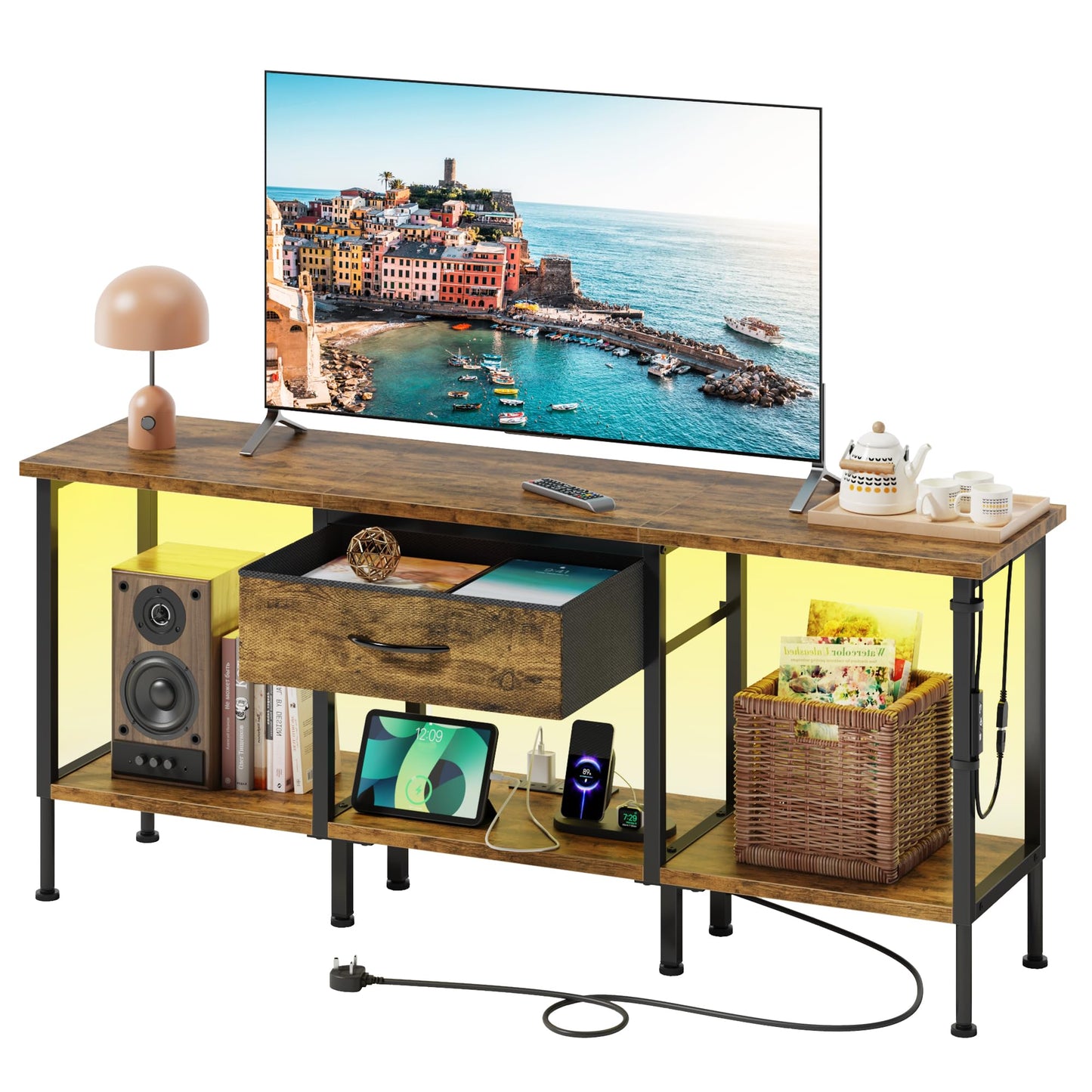 OYRREU TV Stand Cabinet LED for 55 50 Inch, TV Unit with Socket, USB Slots