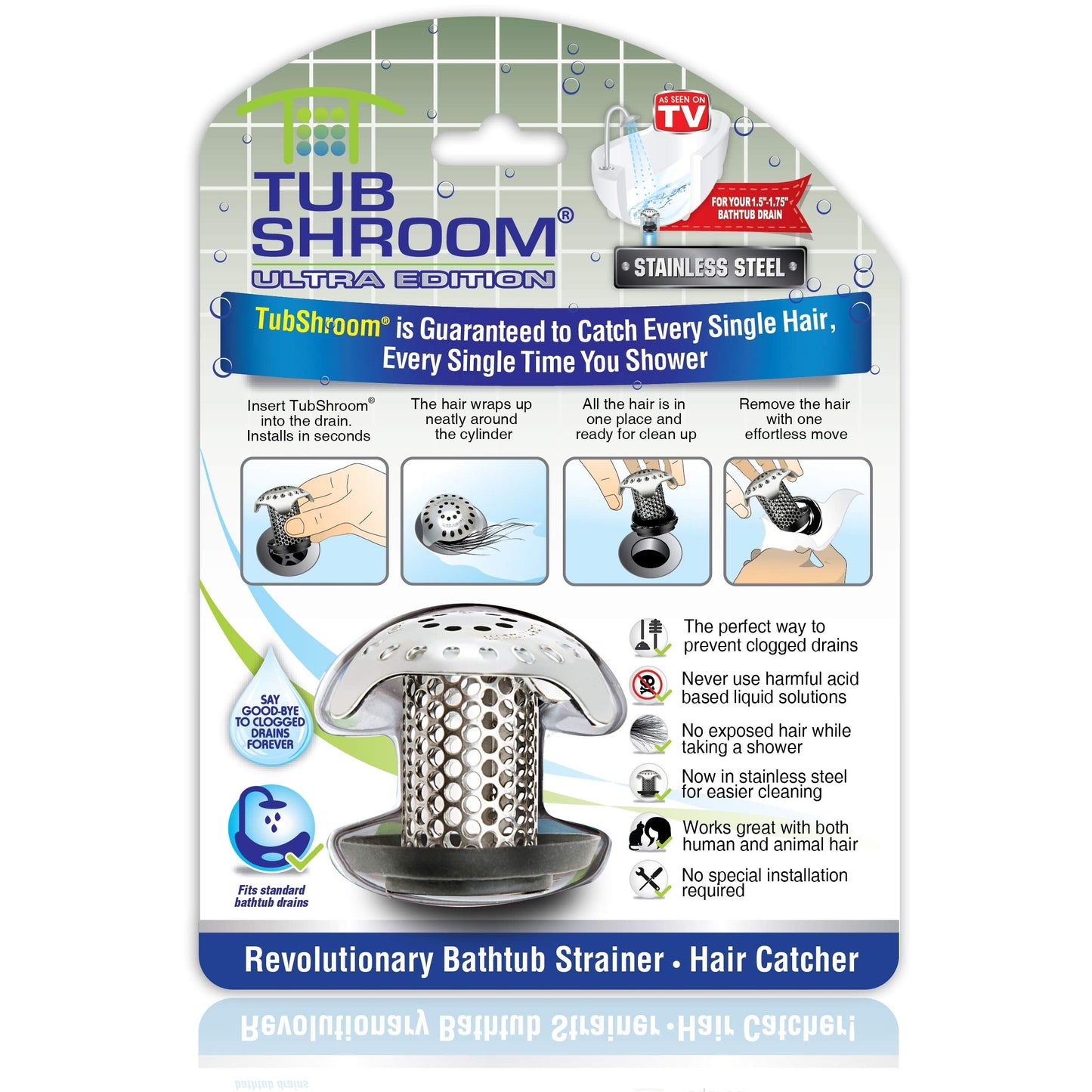 TubShroom Bathtub Hair Drain Catcher Stainless Steel, Standard