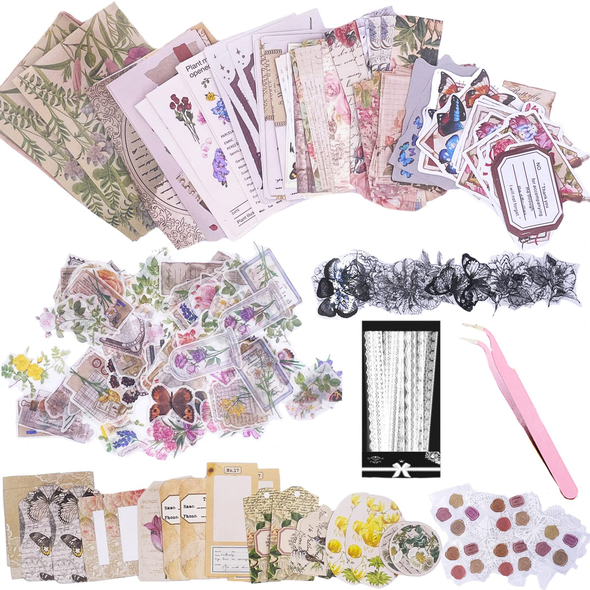 Carreuty 290pcs Aesthetic Scrapbooking Stickers Paper Pack, DIY Decorative Papers Retro Flowers Journaling Supplies Stickers Paper Kit for Scrapbook