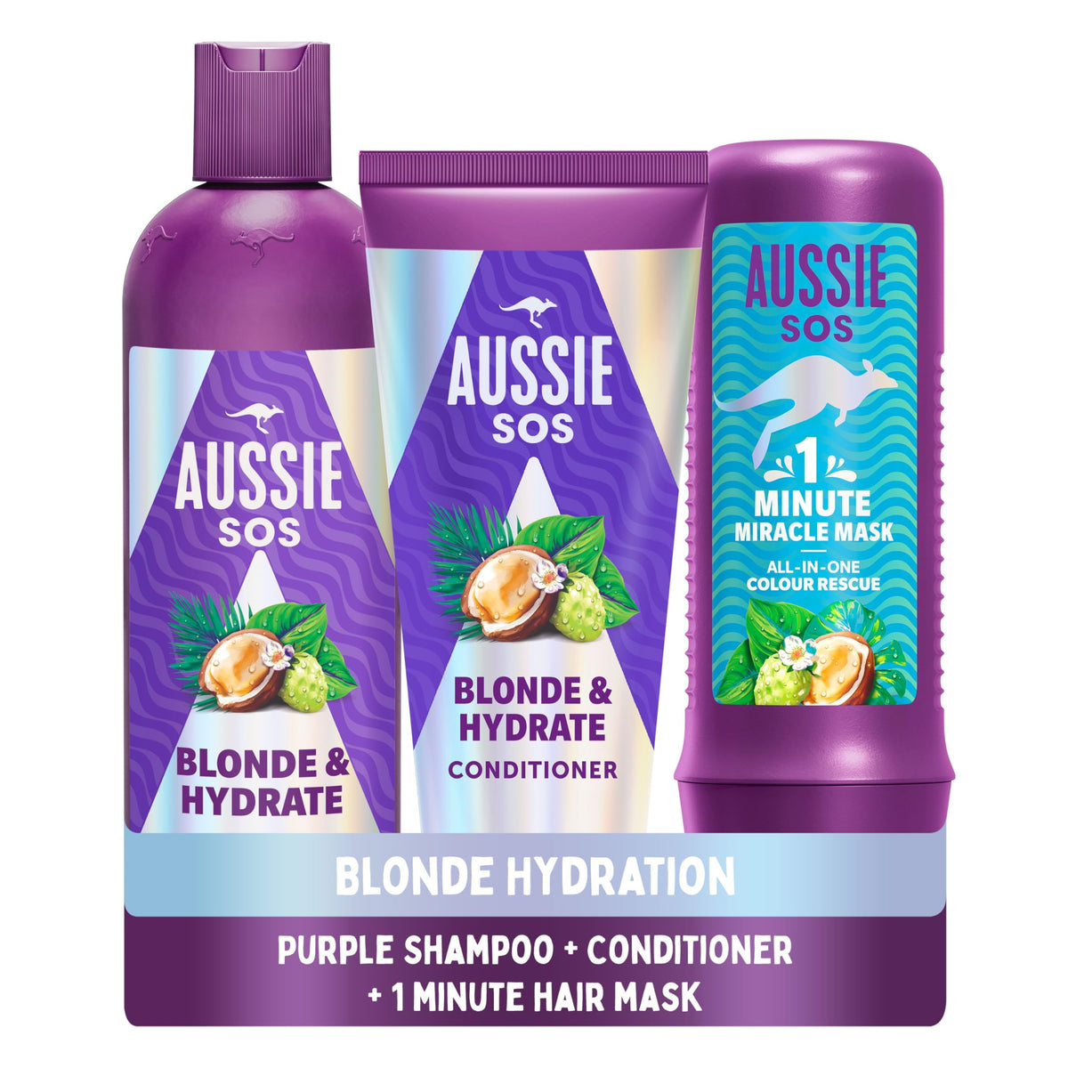 Aussie Blonde & Hydrate Purple Shampoo And Conditioner Set With Hair Mask. Neutralise Brassy, Yellow Tones On Bonde, Highlighted & Silver Hair. For