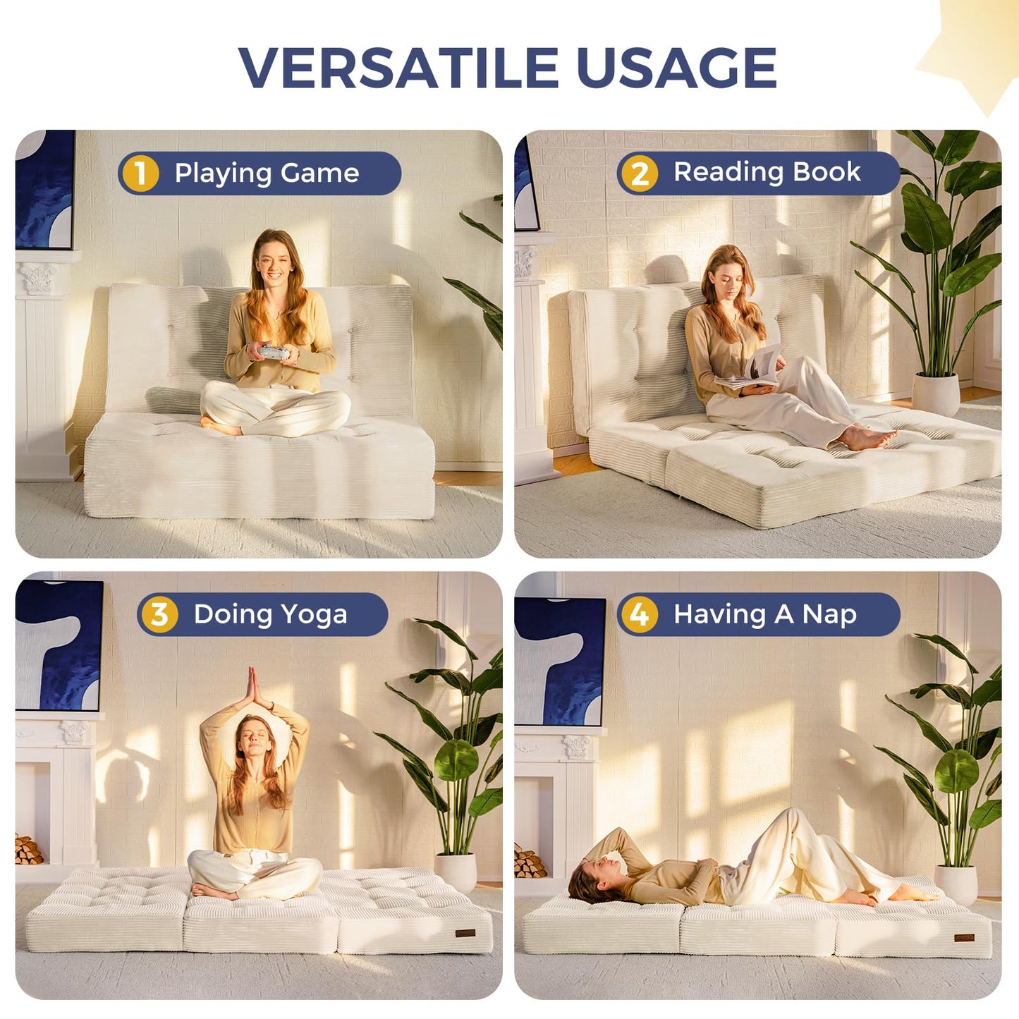 MAXYOYO Folding Mattress, Comfy Corduroy Foldable Mattress with 15cm Thicken Foam, Tri-Fold Floor Futon Sofa Bed for Guest,Off-white,Single