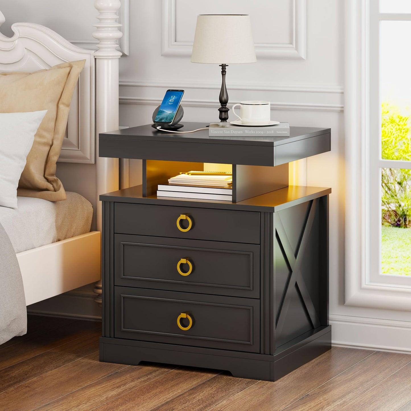 Gurexl LED Bedside Table with Gun Drawer, Charging Bedside Table with USB & Type-C Port, Human Sensor Light