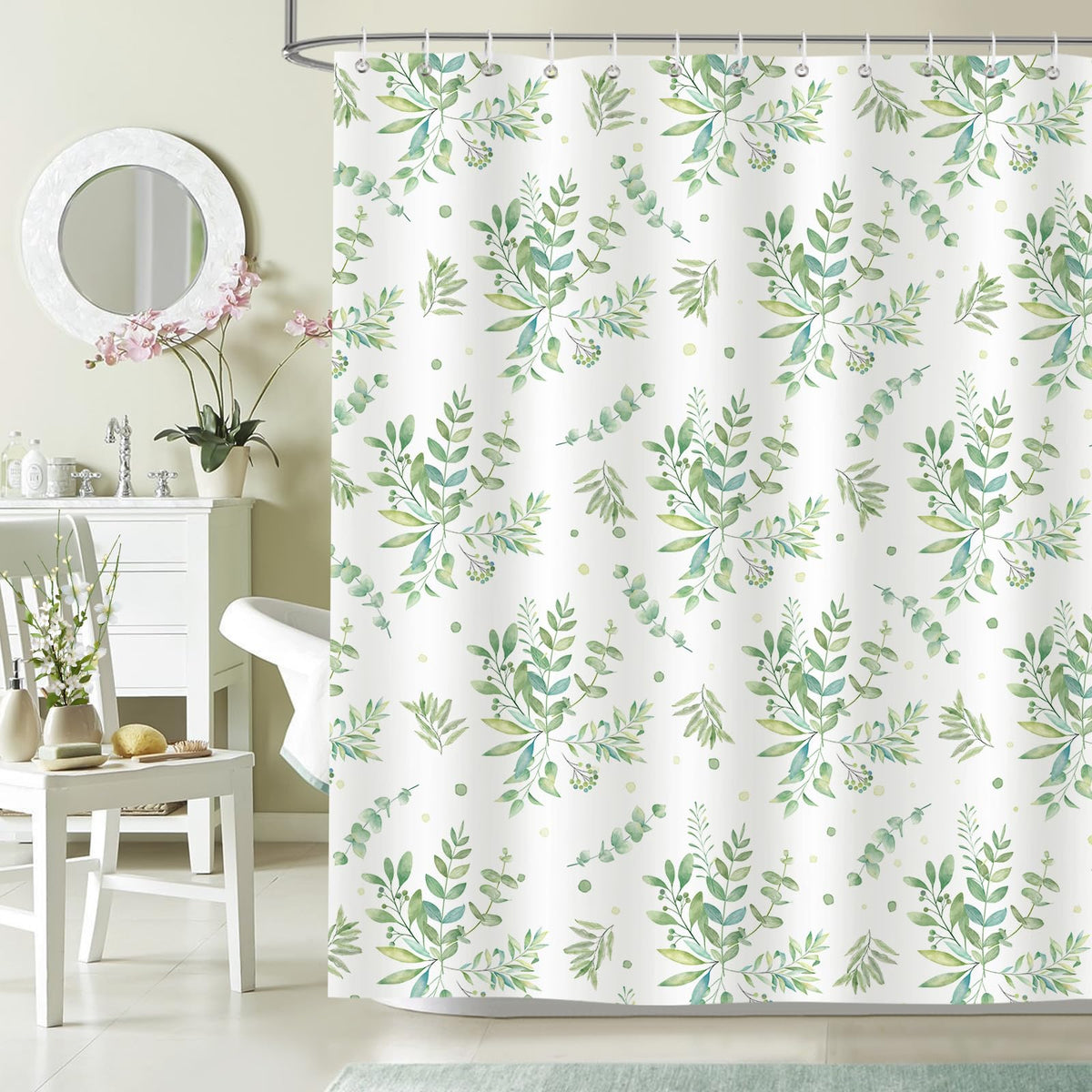 Dazzlewall Green Leaves Shower Curtain, Plants Leaf Watercolour Botanical Waterproof Bathroom Curtain 180x180cm, Mildew & Mould Resistant Polyester