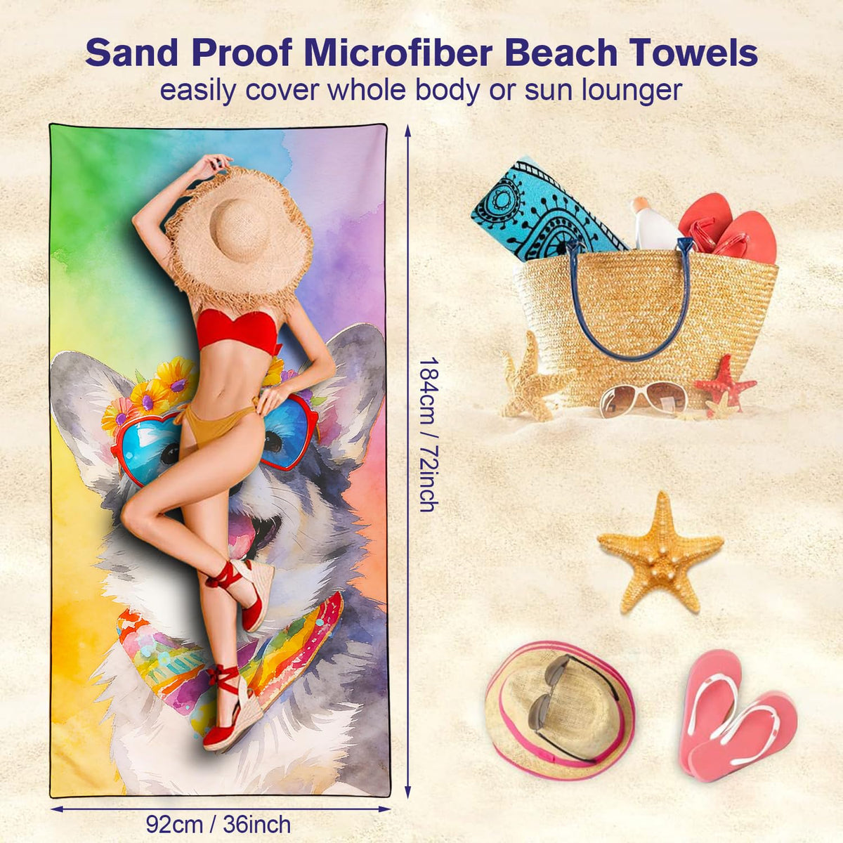 Violetpos Heart Sunglasses Corgi Beach Towel for Dog Lovers, Extra Large 180x90 cm 250GSM Microfibre, Sand Free Quick Dry